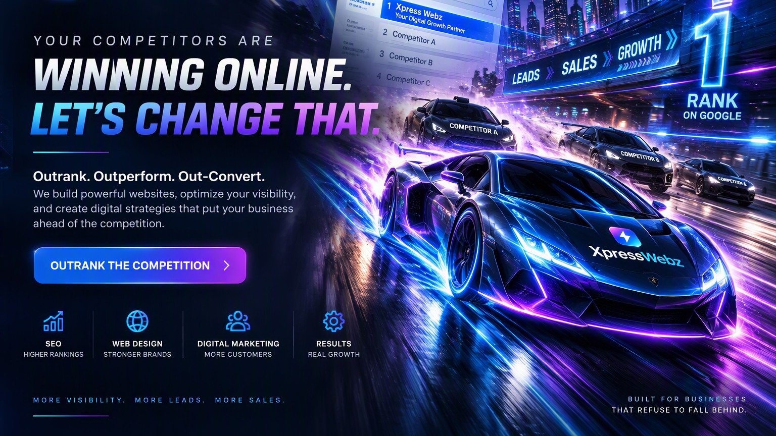 XpressWebz digital marketing banner about outranking online competitors and improving search visibility