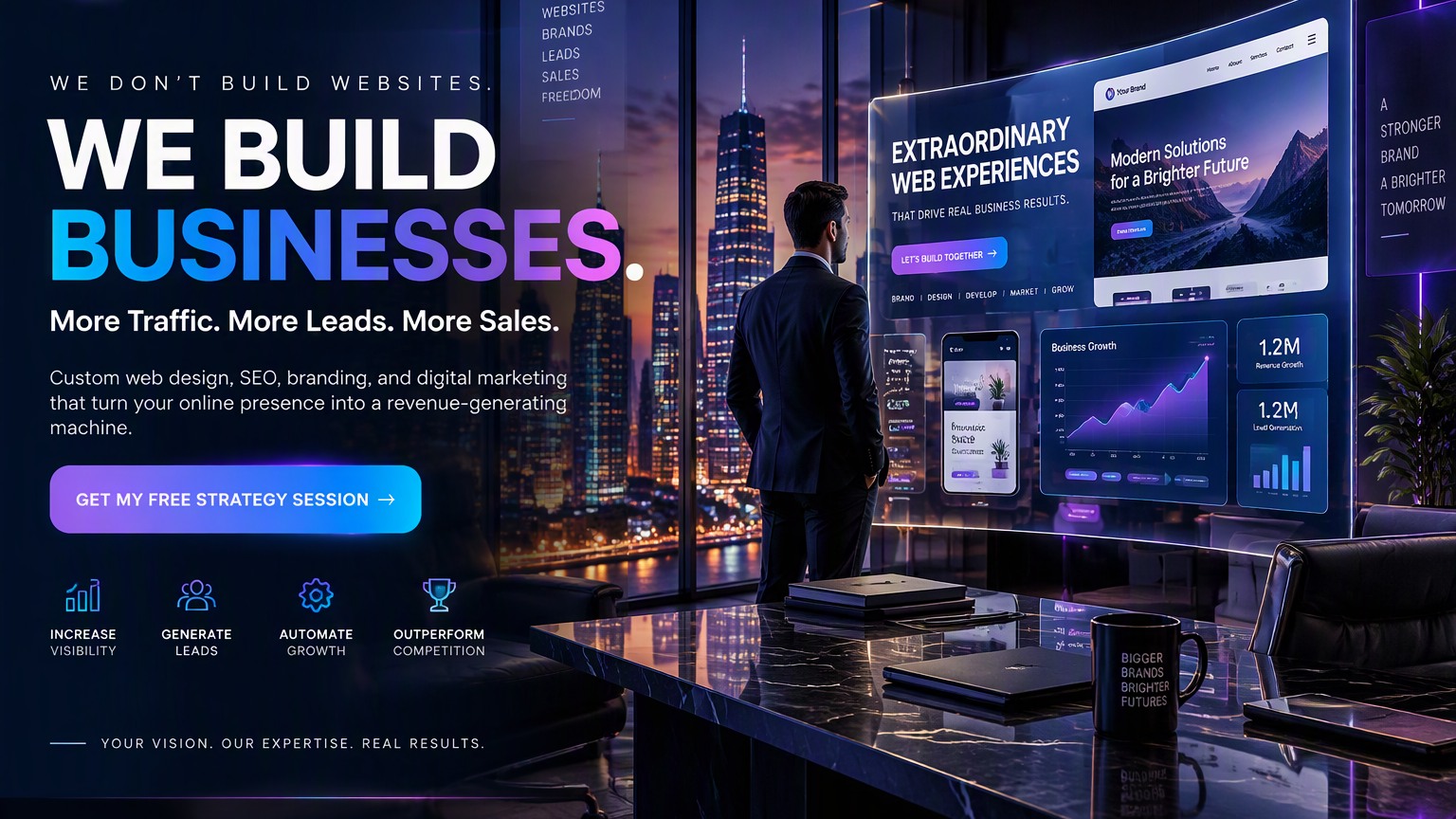 XpressWebz premium creative studio banner showing digital experiences, websites, and business dashboards
